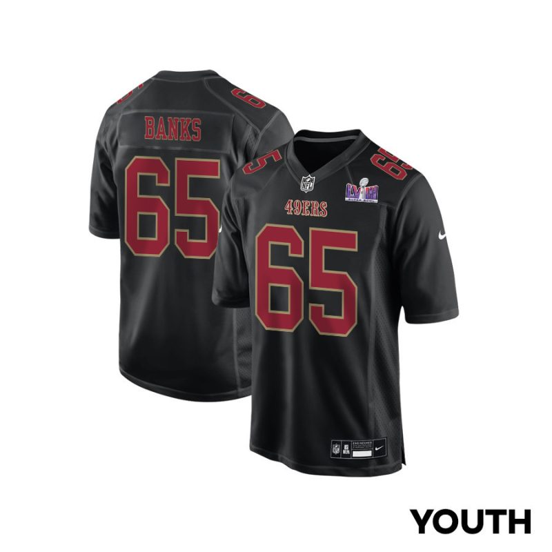 aaron banks 65 san francisco 49ers super bowl lviii patch fashion game youth jersey carbon black