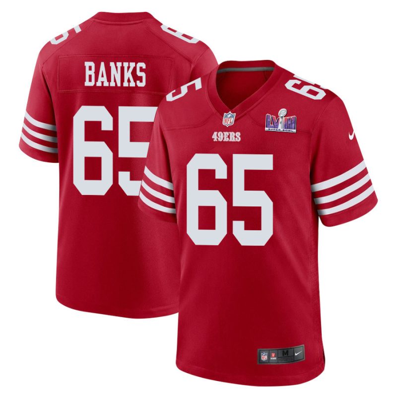 aaron banks 65 san francisco 49ers super bowl lviii patch game men jersey scarlet