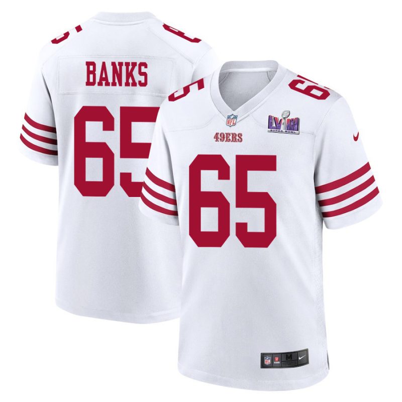 aaron banks 65 san francisco 49ers super bowl lviii patch game men jersey white