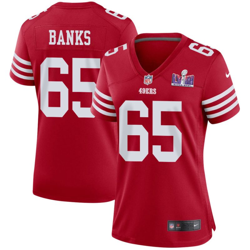 aaron banks 65 san francisco 49ers super bowl lviii patch game women jersey scarlet