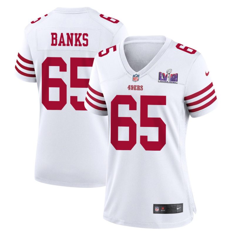 aaron banks 65 san francisco 49ers super bowl lviii patch game women jersey white