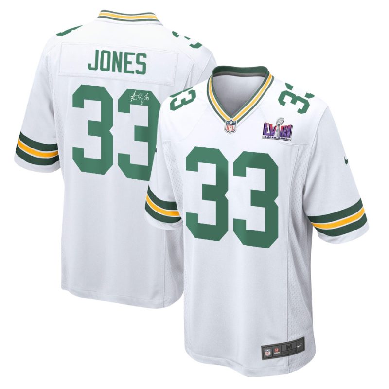 aaron jones 33 signed green bay packers super bowl lviii game men jersey white