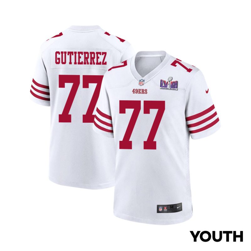 alfredo gutierrez 77 san francisco 49ers super bowl lviii patch game youth jersey white