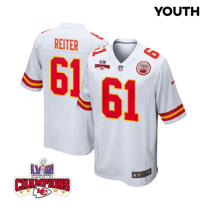 austin reiter 61 kansas city chiefs super bowl lviii champions 4 stars patch game youth jersey white