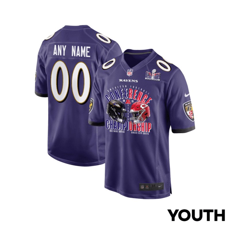 baltimore ravens vs kansas city chiefs 2023 afc championship matchup game custom youth jersey purple