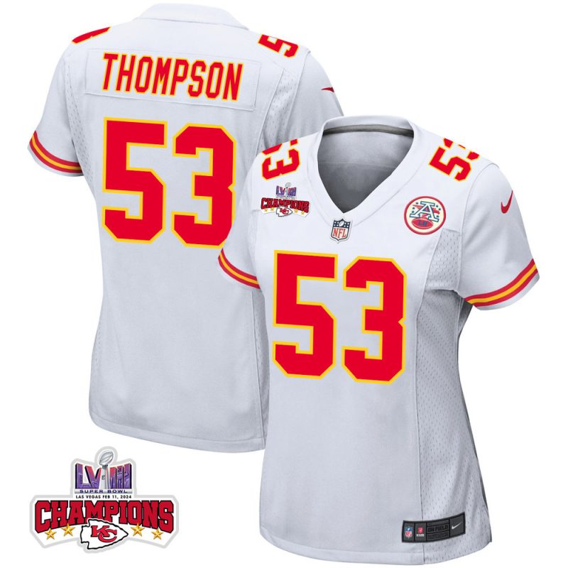 bj thompson 53 kansas city chiefs super bowl lviii champions 4 stars patch game women jersey white