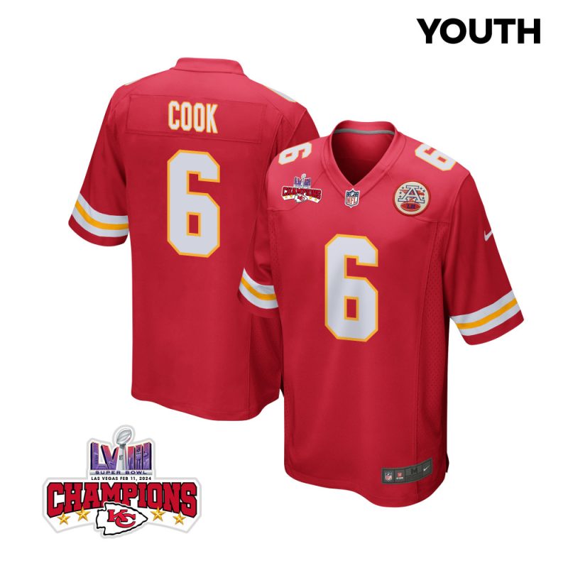 bryan cook 6 kansas city chiefs super bowl lviii champions 4 stars patch game youth jersey red