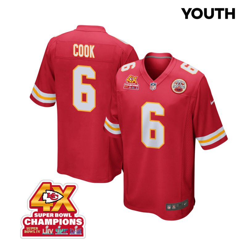 bryan cook 6 kansas city chiefs super bowl lviii champions 4x game youth jersey red