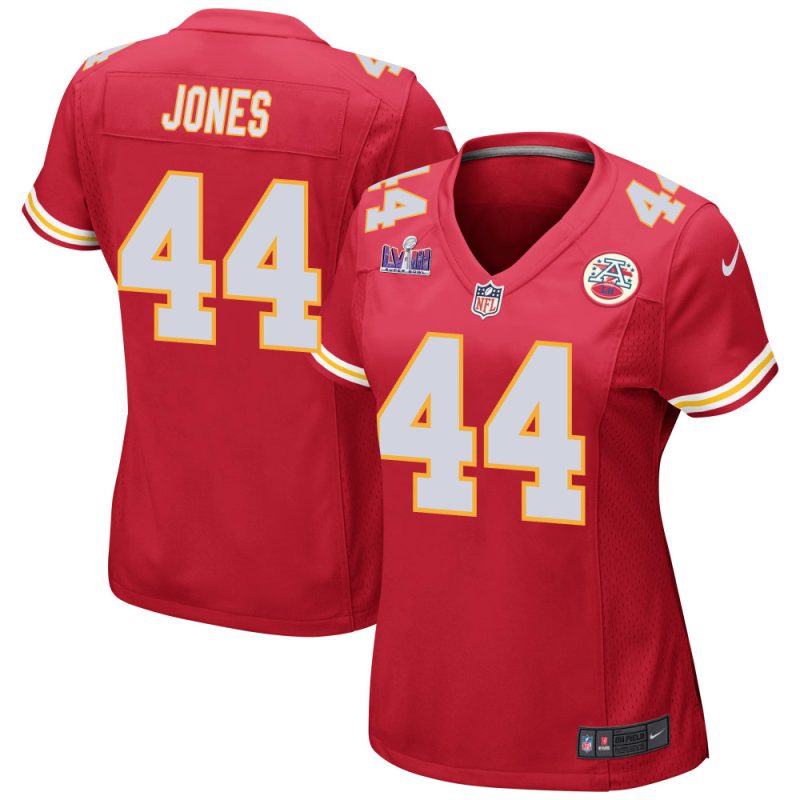 cam jones 44 kansas city chiefs super bowl lviii patch game women jersey red