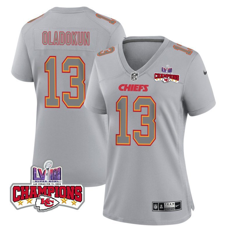 chris oladokun 13 kansas city chiefs super bowl lviii champions 4 stars patch atmosphere fashion game women jersey gray