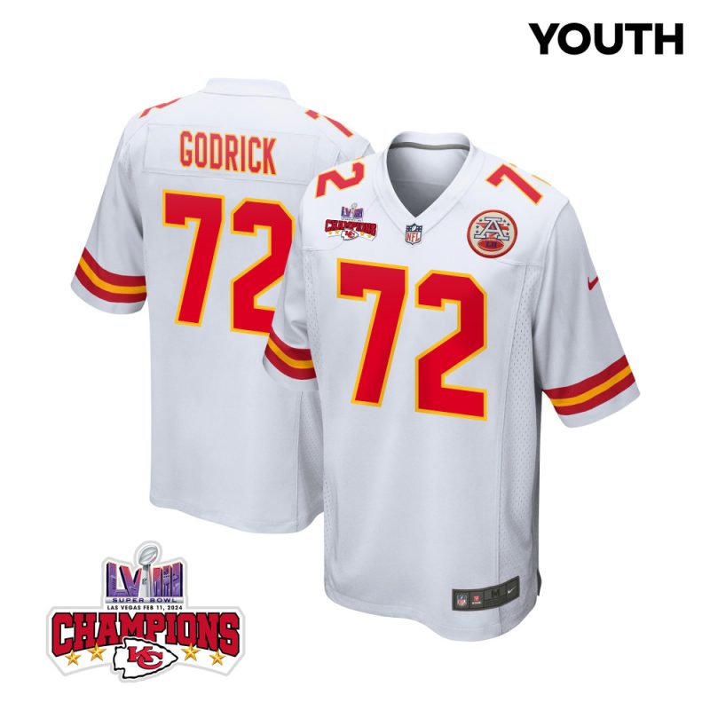 chukwuebuka godrick 72 kansas city chiefs super bowl lviii champions 4 stars patch game youth jersey white