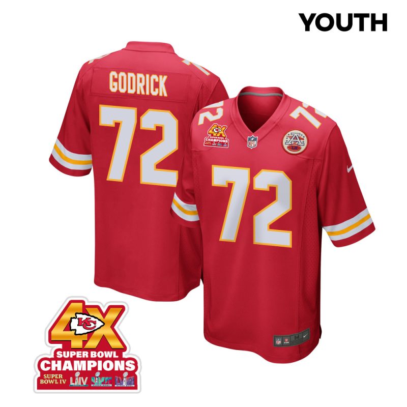 chukwuebuka godrick 72 kansas city chiefs super bowl lviii champions 4x game youth jersey red