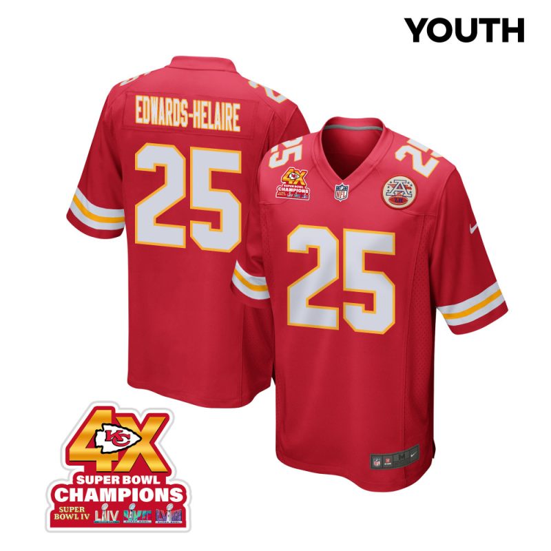 clyde edwards helaire 25 kansas city chiefs super bowl lviii champions 4x game youth jersey red