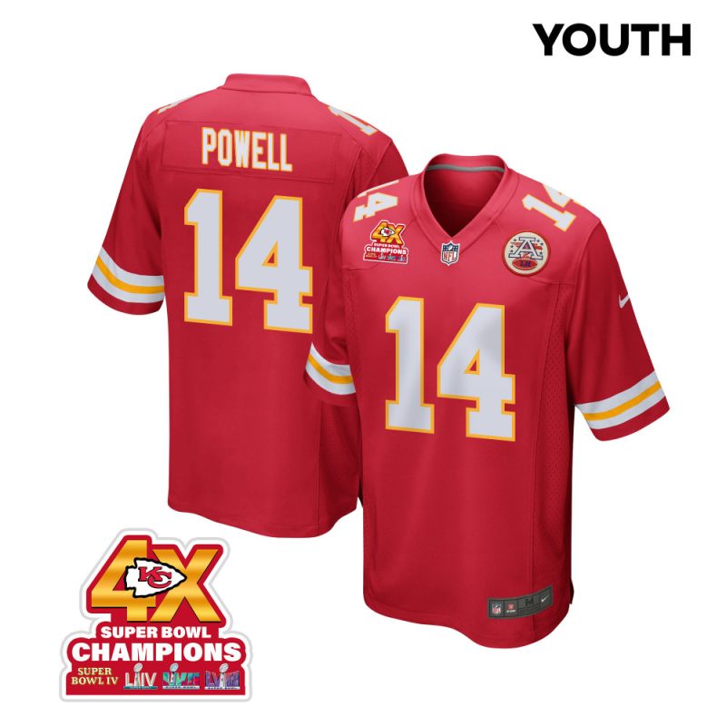 cornell powell 14 kansas city chiefs super bowl lviii champions 4x game youth jersey red