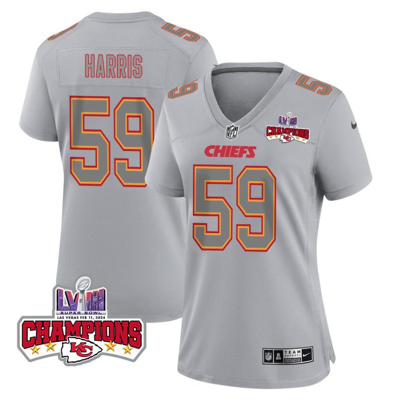 darius harris 59 kansas city chiefs super bowl lviii champions 4 stars patch atmosphere fashion game women jersey gray