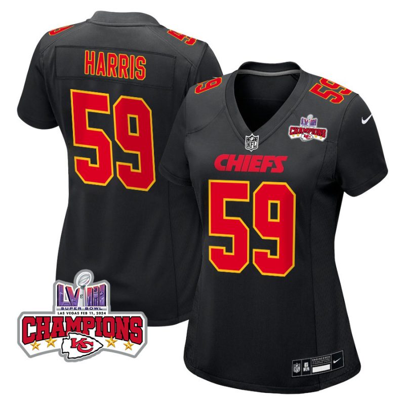 darius harris 59 kansas city chiefs super bowl lviii champions 4 stars patch fashion game women jersey carbon black