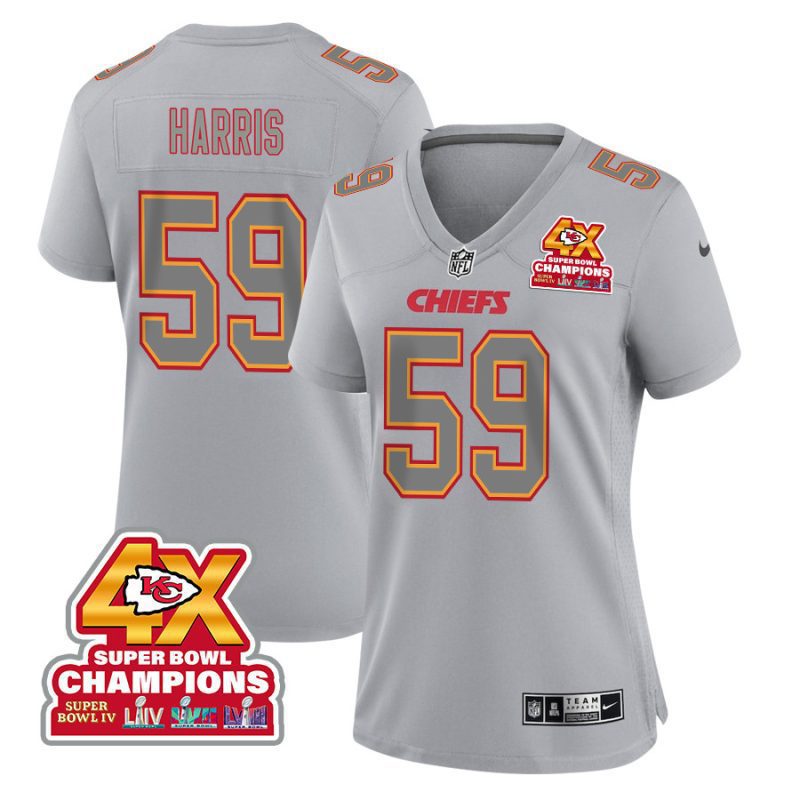 darius harris 59 kansas city chiefs super bowl lviii champions 4x atmosphere fashion game women jersey gray