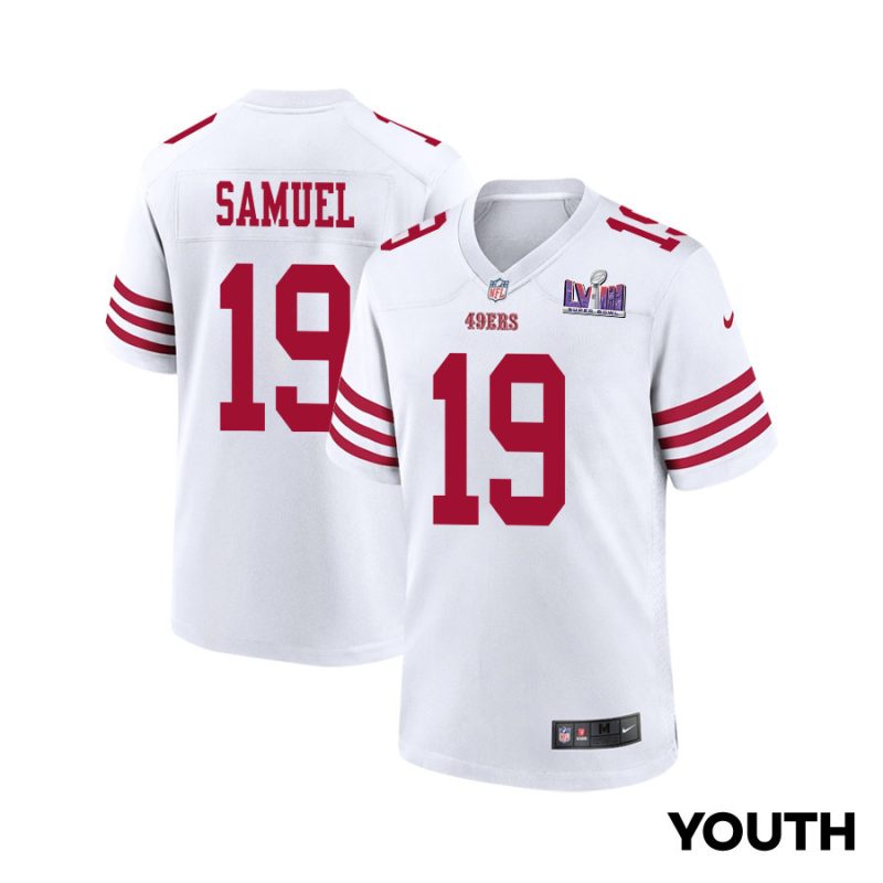 deebo samuel 19 san francisco 49ers super bowl lviii patch game youth jersey white