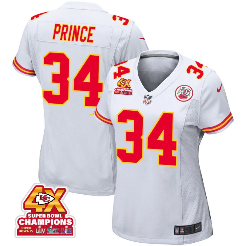 deneric prince 34 kansas city chiefs super bowl lviii champions 4x game women jersey white