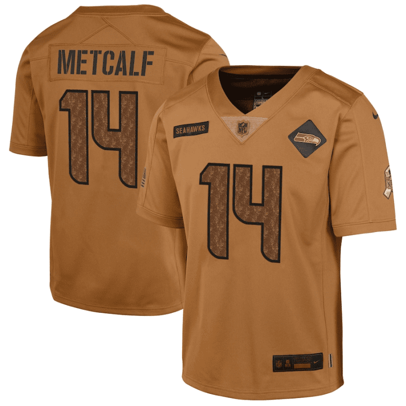 dk metcalf 14 seattle seahawks 2023 salute to service limited youth jersey brown