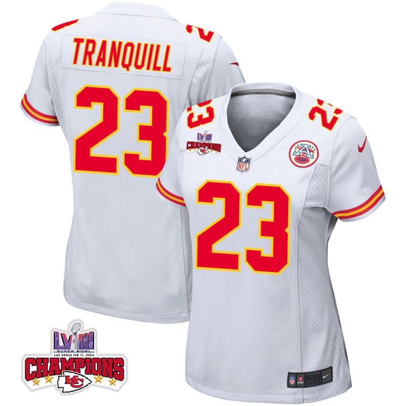 drue tranquill 23 kansas city chiefs super bowl lviii champions 4 stars patch game women jersey white