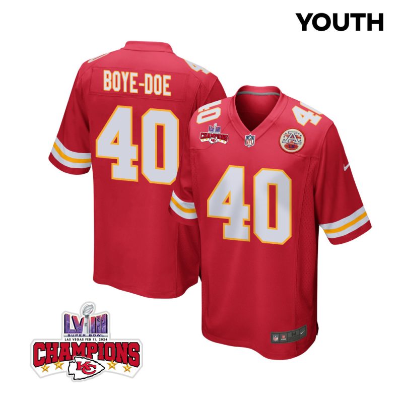 ekow boye doe 40 kansas city chiefs super bowl lviii champions 4 stars patch game youth jersey red