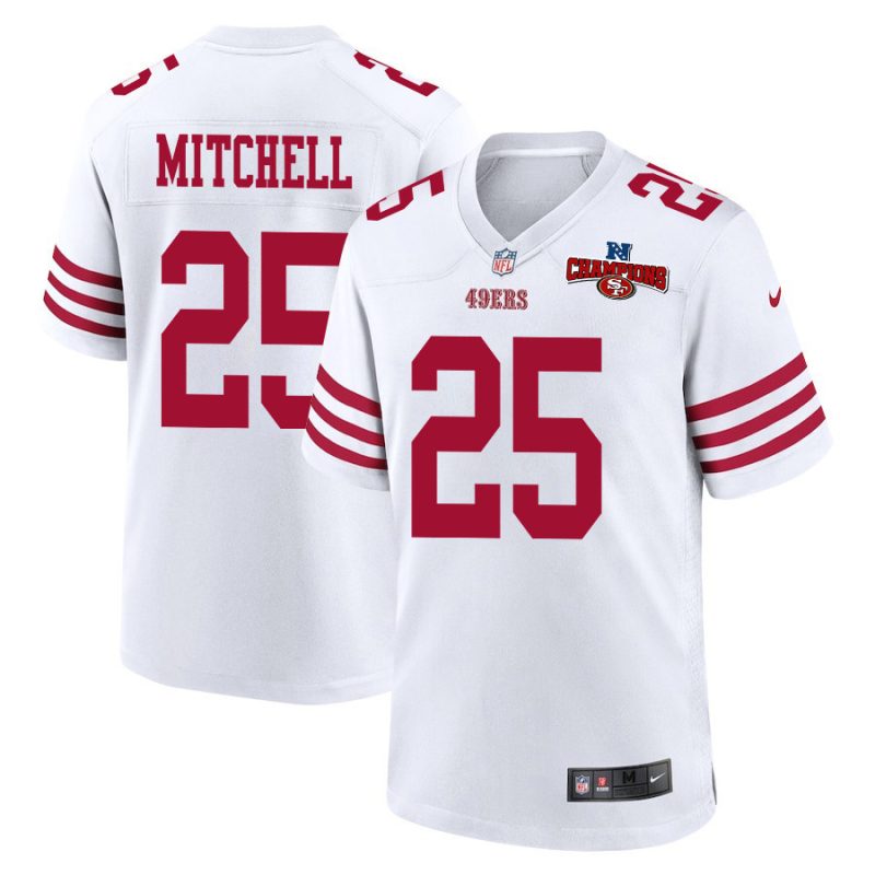 elijah mitchell 25 san francisco 49ers nfc champions patch game men jersey white