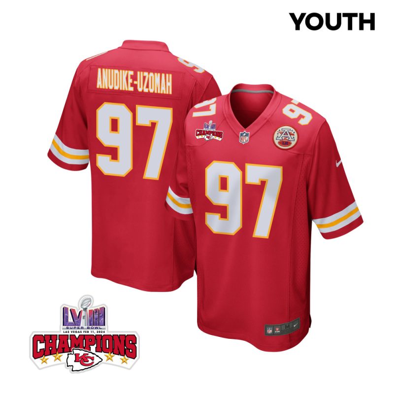 felix anudike uzomah 97 kansas city chiefs super bowl lviii champions 4 stars patch game youth jersey red