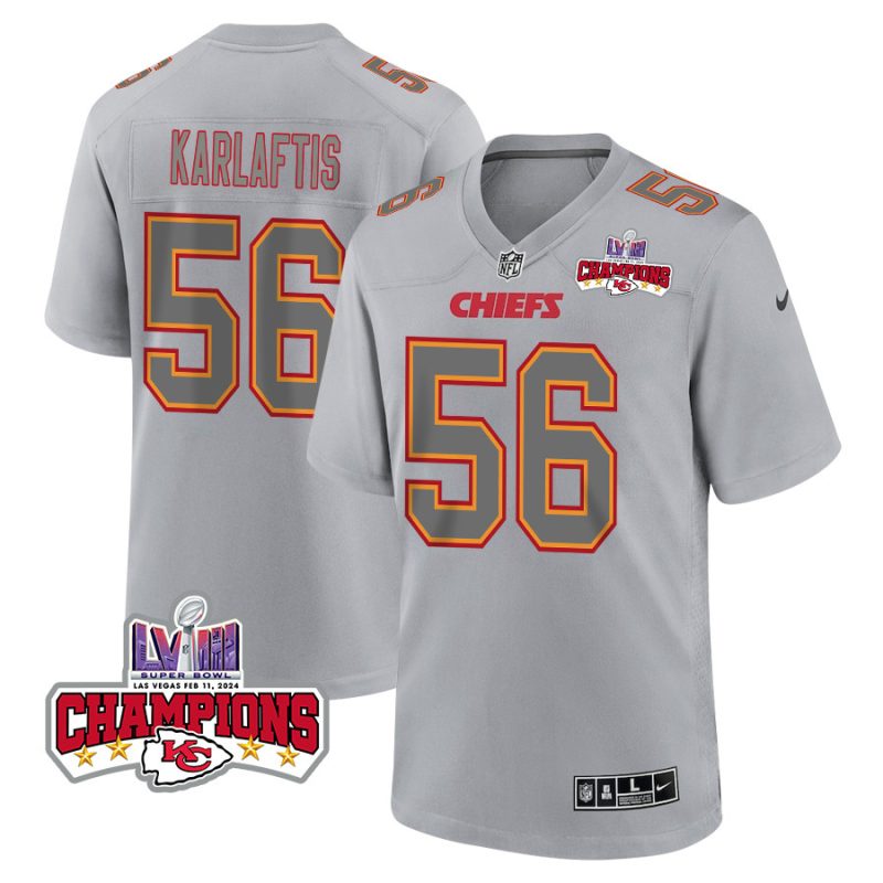 george karlaftis 56 kansas city chiefs super bowl lviii champions 4 stars patch atmosphere fashion game men jersey gray