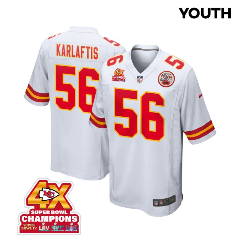 george karlaftis 56 kansas city chiefs super bowl lviii champions 4x game youth jersey white