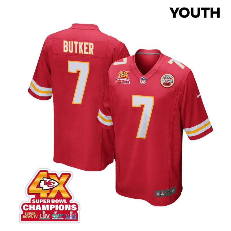 harrison butker 7 kansas city chiefs super bowl lviii champions 4x game youth jersey red