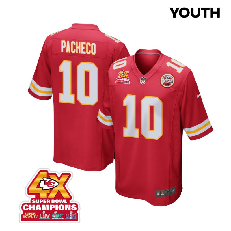 isiah pacheco 10 kansas city chiefs super bowl lviii champions 4x game youth jersey red