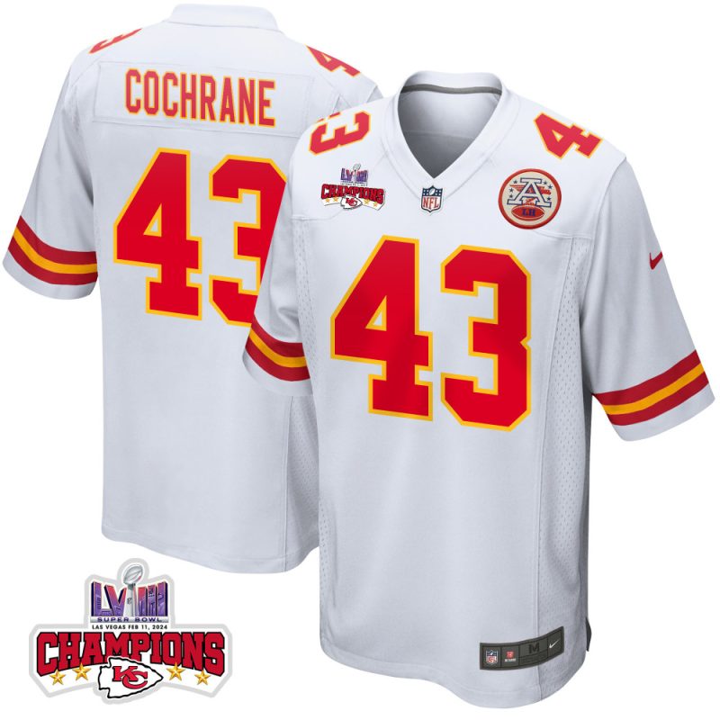 jack cochrane 43 kansas city chiefs super bowl lviii champions 4 stars patch game men jersey white