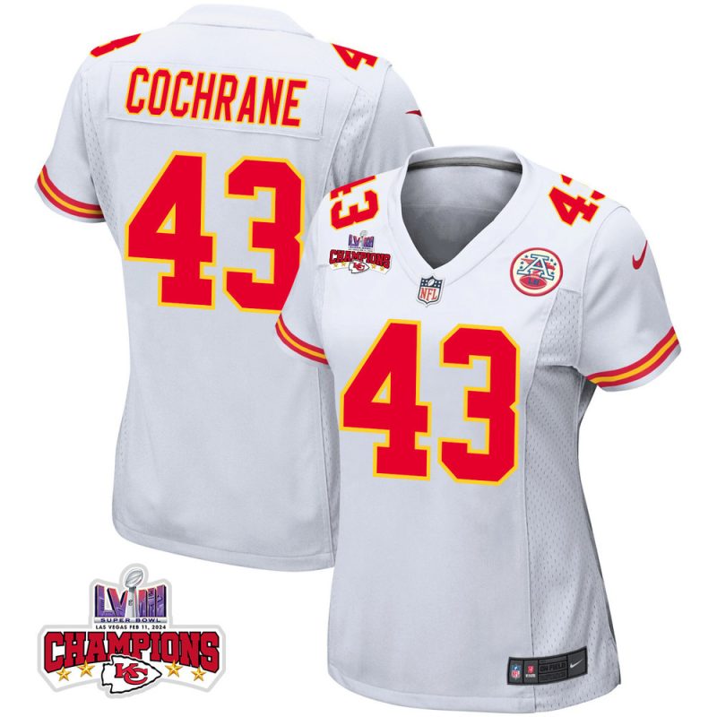 jack cochrane 43 kansas city chiefs super bowl lviii champions 4 stars patch game women jersey white