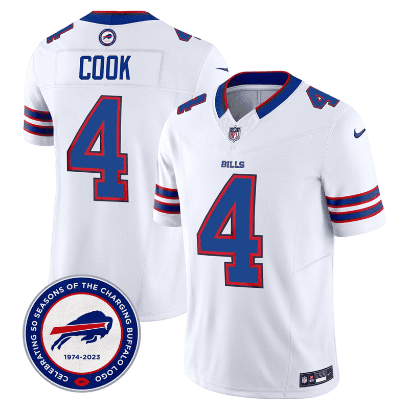 james cook 4 buffalo bills 50th charging logo patch game men jersey white