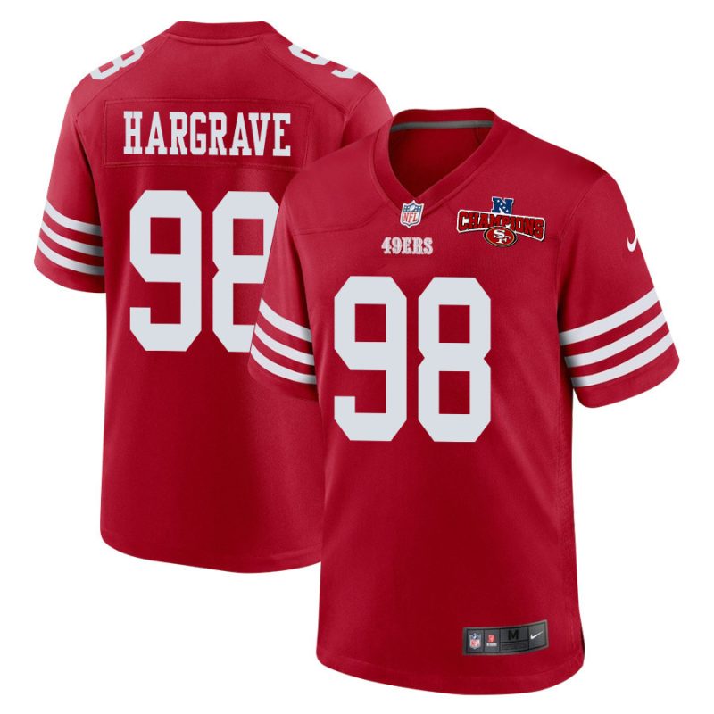 javon hargrave 98 san francisco 49ers nfc champions patch game men jersey scarlet