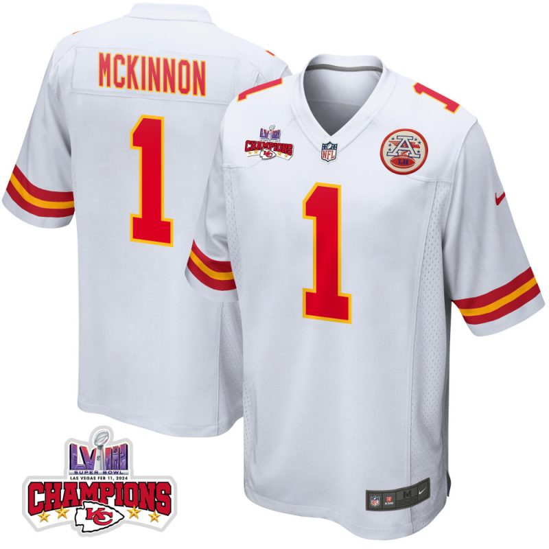 jerick mckinnon 1 kansas city chiefs super bowl lviii champions 4 stars patch game men jersey white