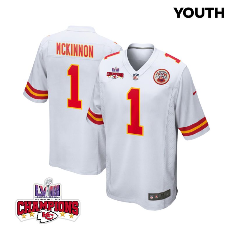 jerick mckinnon 1 kansas city chiefs super bowl lviii champions 4 stars patch game youth jersey white