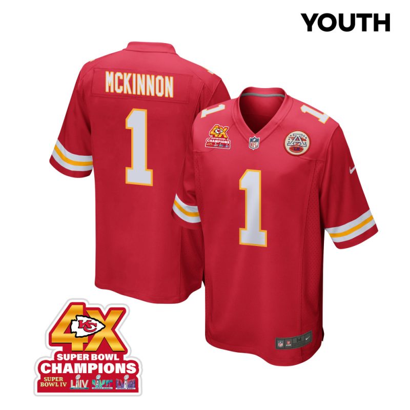 jerick mckinnon 1 kansas city chiefs super bowl lviii champions 4x game youth jersey red