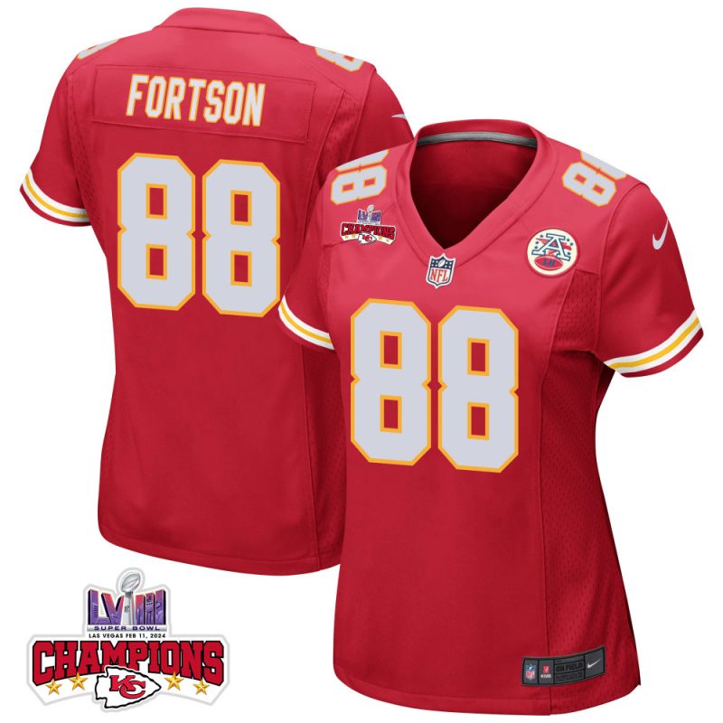 jody fortson 88 kansas city chiefs super bowl lviii champions 4 stars patch game women jersey red