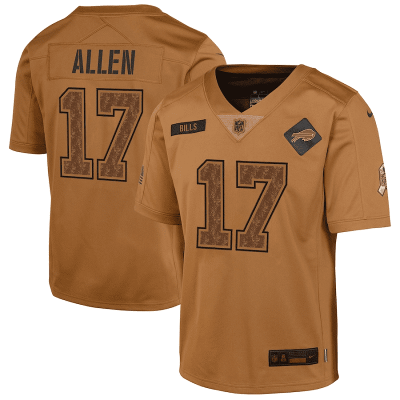 josh allen 17 buffalo bills 2023 salute to service limited youth jersey brown