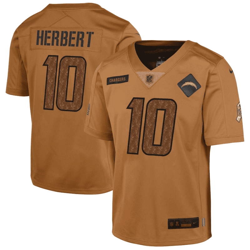 justin herbert 10 los angeles chargers 2023 salute to service limited youth jersey brown