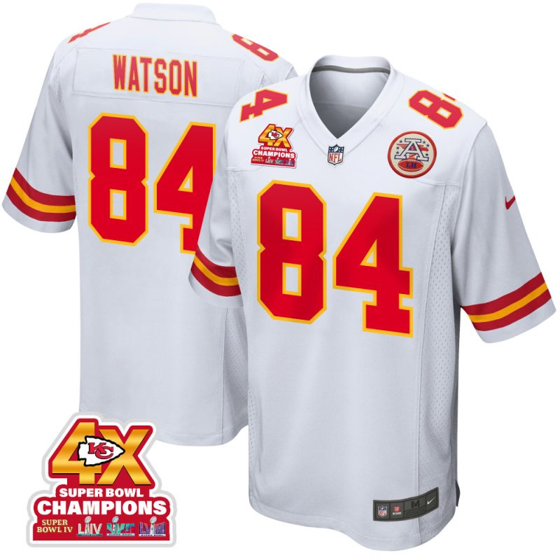 justin watson 84 kansas city chiefs super bowl lviii champions 4x game men jersey white