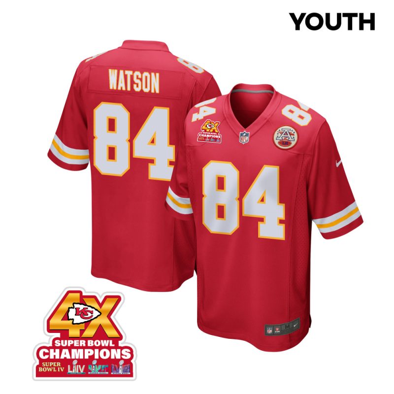 justin watson 84 kansas city chiefs super bowl lviii champions 4x game youth jersey red