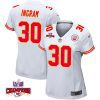 keaontay ingram 30 kansas city chiefs super bowl lviii champions 4 stars patch game women jersey white