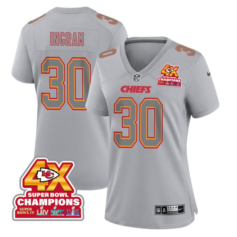 keaontay ingram 30 kansas city chiefs super bowl lviii champions 4x atmosphere fashion game women jersey gray