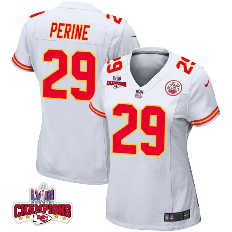 lamical perine 29 kansas city chiefs super bowl lviii champions 4 stars patch game women jersey white