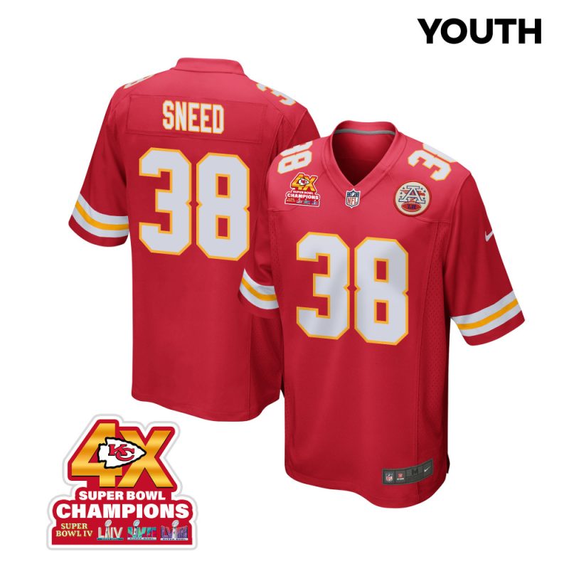 ljarius sneed 38 kansas city chiefs super bowl lviii champions 4x game youth jersey red