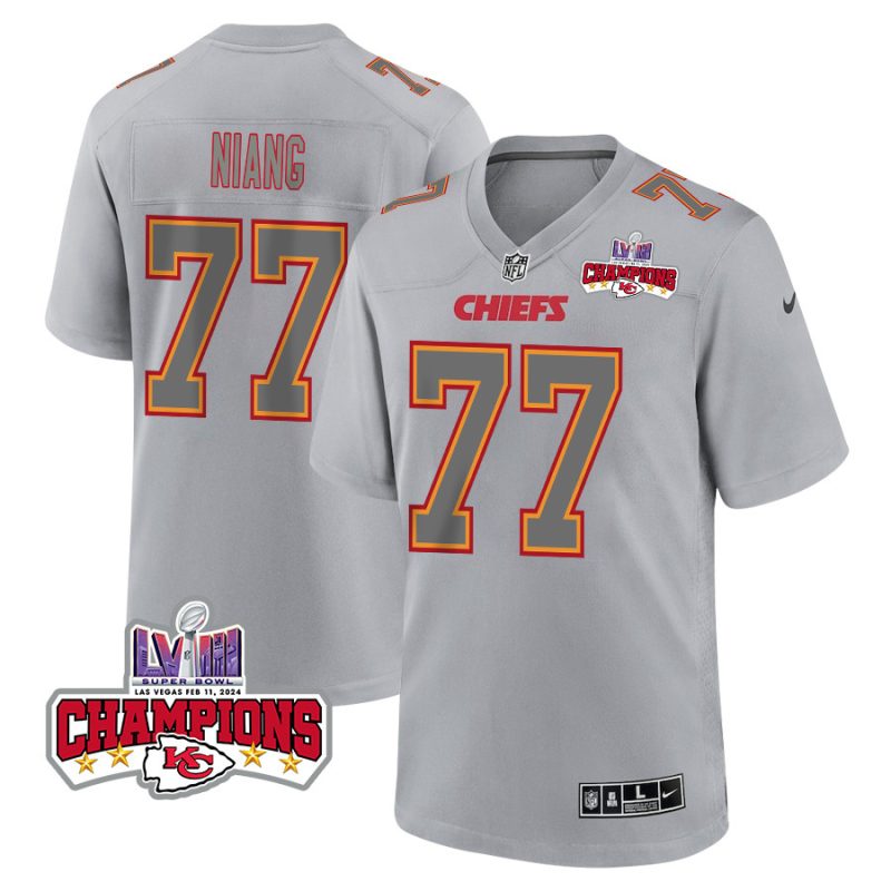 lucas niang 77 kansas city chiefs super bowl lviii champions 4 stars patch atmosphere fashion game men jersey gray