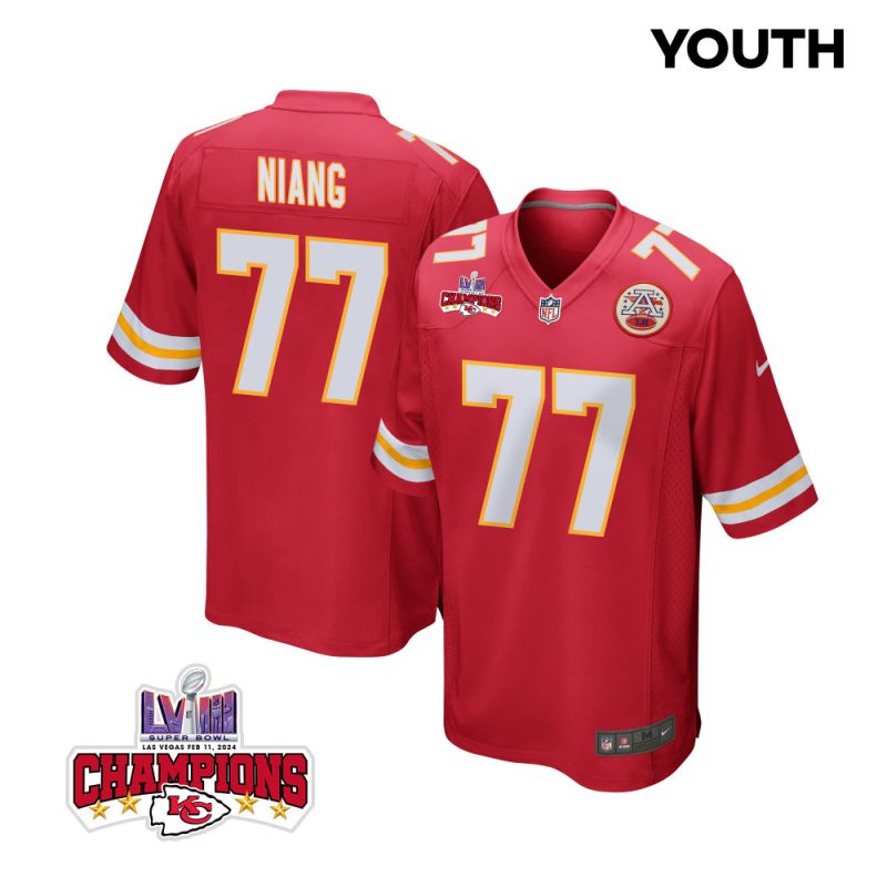 lucas niang 77 kansas city chiefs super bowl lviii champions 4 stars patch game youth jersey red